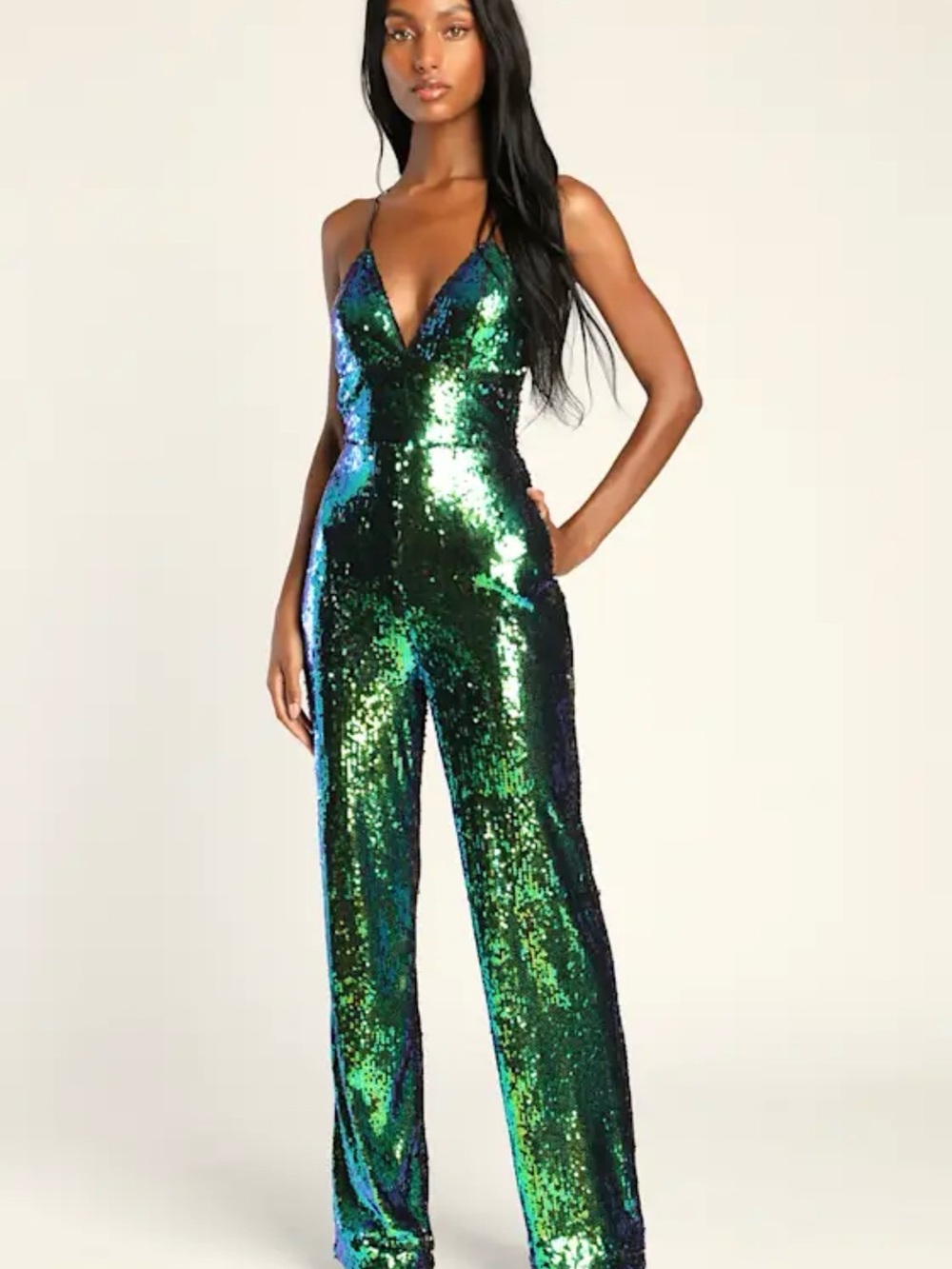 Lulu's Iridescent Sequin V-Neck Wide-Leg Jumpsuit in Green-Blue